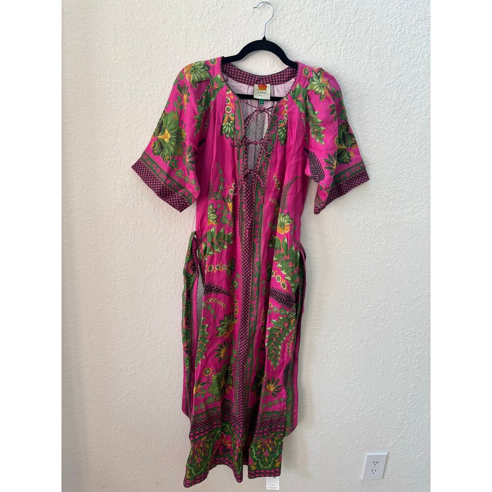 Farm Rio $298 Pink Ana Tapestry Midi XS Dress Floral Cottagecore Linen - Picture 2 of 10
